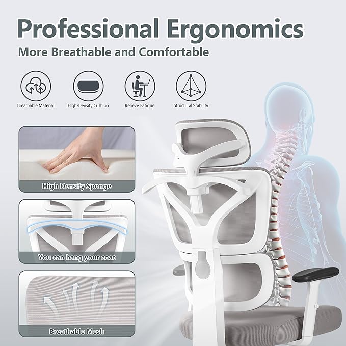 Office Chair Ergonomic Desk Chair, High Back Gaming Chair, Big and Tall Reclining chair Comfy Home Office Desk Chair Lumbar Support Breathable Mesh Computer Chair Adjustable Armrests (Gray) - LeafyLoom