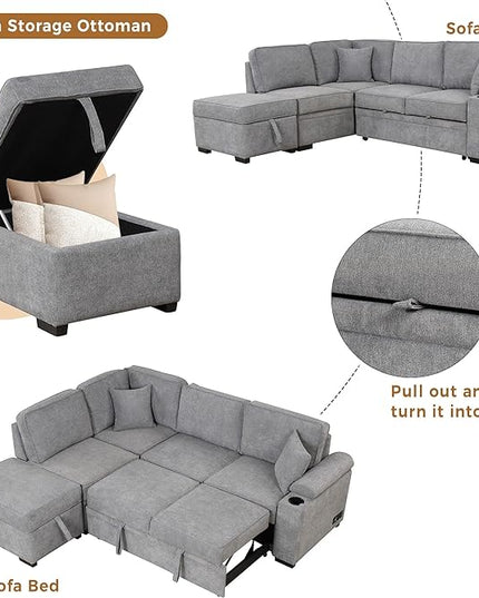 87.4" L Shape Sleeper Sectional Sofa w/Pull Out Bed & Storage Ottoman, Velvet Upholstered Couch, for Living Room, Bedroom and Small Apartment, 87.4 Inch, Gray - LeafyLoom