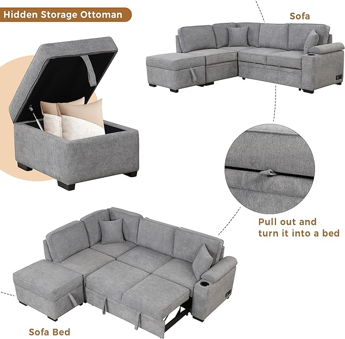 87.4" L Shape Sleeper Sectional Sofa w/Pull Out Bed & Storage Ottoman, Velvet Upholstered Couch, for Living Room, Bedroom and Small Apartment, 87.4 Inch, Gray - LeafyLoom