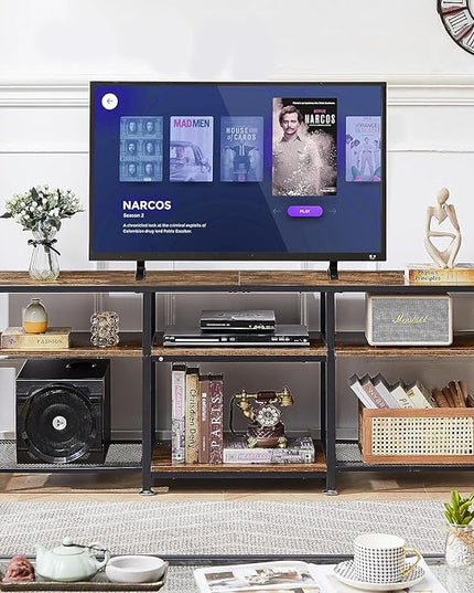 VECELO TV Stand for Televisions up to 75 Inch, Industrial Entertainment Center with 3-Tier Open Storage Shelves& Hooks for Living, Bedroom and Gaming Room, 70 Inch, Brown - LeafyLoom