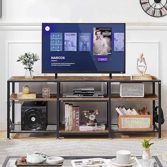 VECELO TV Stand for Televisions up to 75 Inch, Industrial Entertainment Center with 3-Tier Open Storage Shelves& Hooks for Living, Bedroom and Gaming Room, 70 Inch, Brown - LeafyLoom