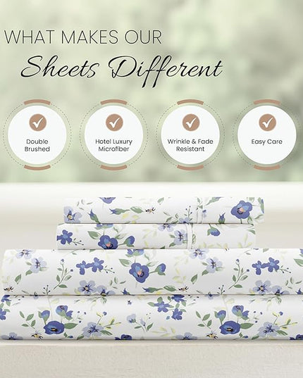 4 Piece Cal King Bedding Sheet Set (Light Blue Floral) - Sleep Better Than Ever with These Ultra-Soft & Cooling Bed Sheets for Your Cal King Size Bed - Deep Pocket Fits 16" Mattress - LeafyLoom