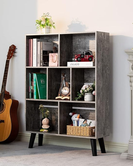 LEYAOYAO Bookshelf Cube Storage Organizer,3 Tier Bookcase with Legs,Modern Wood Open Shelf,Dirty Grey Bookshelves,Free Standing Display Short Book Shelves for Narrow Space,Bedroom,Living Room,Office - LeafyLoom