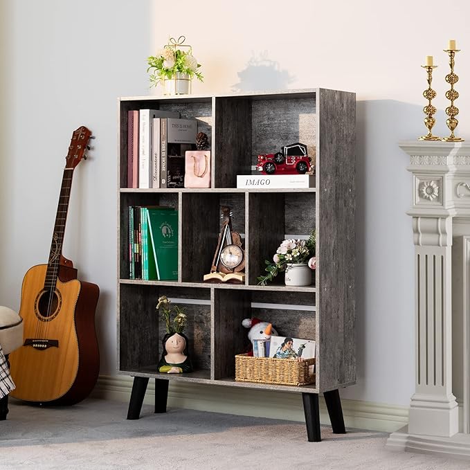 LEYAOYAO Bookshelf Cube Storage Organizer,3 Tier Bookcase with Legs,Modern Wood Open Shelf,Dirty Grey Bookshelves,Free Standing Display Short Book Shelves for Narrow Space,Bedroom,Living Room,Office - LeafyLoom
