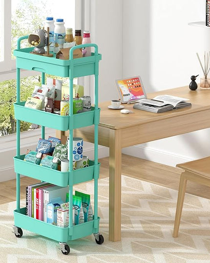 4-Tier Rolling Cart，Trolley with Drawer, Kitchen Storage Organizer with Plastic Shelf & Metal Wheels, Storage Cart for Living Room, Kitchen, Office, Bathroom, Green - LeafyLoom