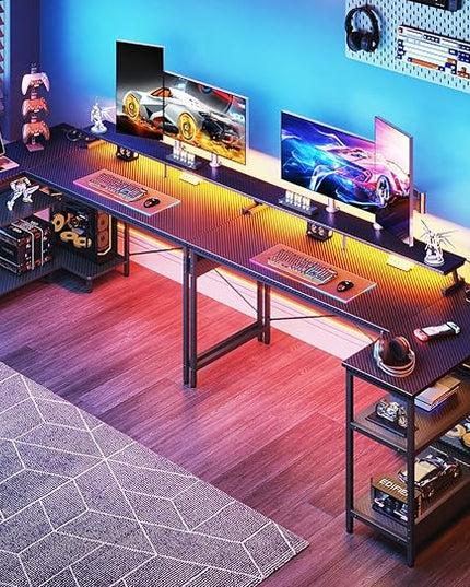 ODK 58 Inch Gaming Desk with USB Charging Ports and LED Lights, Reversible L Shaped Computer Desk with Storage Shelves & Monitor Stand, Corner Gamer Desk Table with Power Outlets, Carbon Fiber Black - LeafyLoom