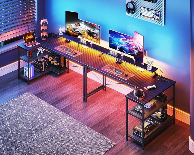 ODK 58 Inch Gaming Desk with USB Charging Ports and LED Lights, Reversible L Shaped Computer Desk with Storage Shelves & Monitor Stand, Corner Gamer Desk Table with Power Outlets, Carbon Fiber Black - LeafyLoom