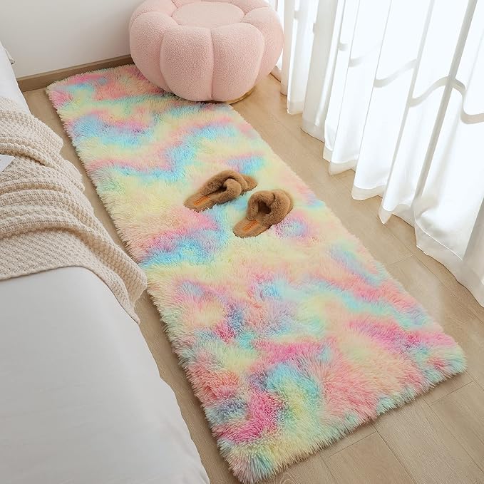 AROGAN Soft Rainbow Area Rugs for Girls Room 2x6 Feet, Fluffy Girls Bedroom Rugs, Princess Rug, Cute Colorful Carpet for Kids Teens Nursery Toddler, Pink - LeafyLoom