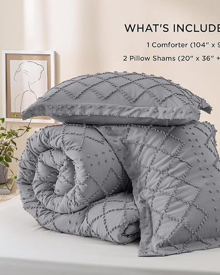 Bedsure King Size Comforter Set - Grey Comforter, Boho Tufted Shabby Chic Bedding Comforter Set, 3 Pieces Vintage Farmhouse Bed Set for All Seasons, Fluffy Soft Bedding Set with 2 Pillow Shams - LeafyLoom