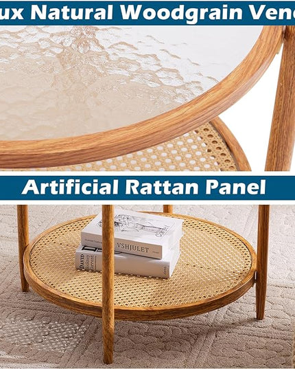 VINGLI 25.6" Rattan Coffee Table, Round Water-wave Glass Metal Center Table, Modern Coffee Table with 2-Tier Storage, Farmhouse Circular Coffee table for Living Room and Small Space, Natural Vibe - LeafyLoom