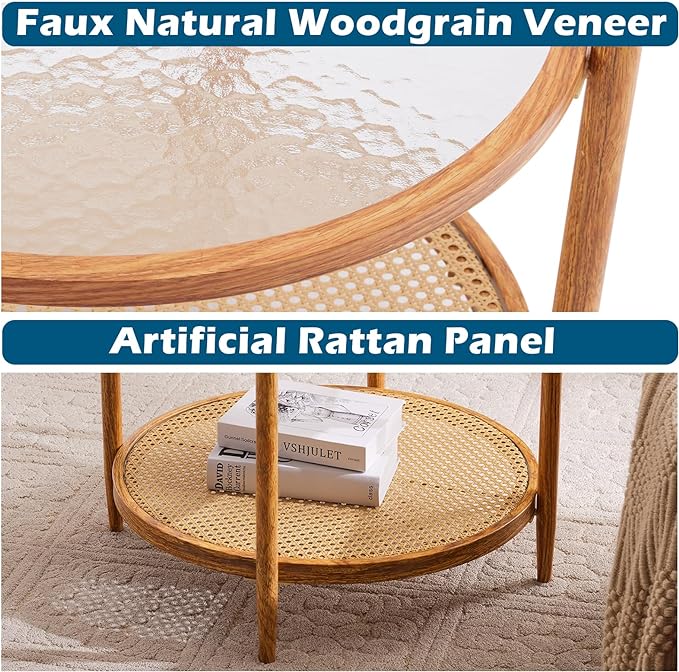 VINGLI 25.6" Rattan Coffee Table, Round Water-wave Glass Metal Center Table, Modern Coffee Table with 2-Tier Storage, Farmhouse Circular Coffee table for Living Room and Small Space, Natural Vibe - LeafyLoom