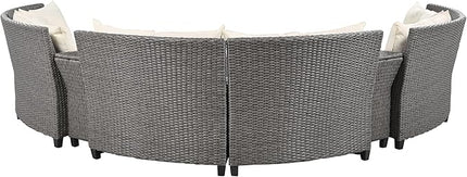 Merax Patio Furniture Sets for 6, Fan-Shaped All Weather Outdoor HDPE Rattan Sofa with Cushions and Table, Suitable for Garden, 9-Piece, Beige - LeafyLoom