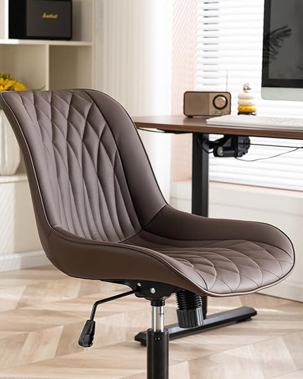 YOUNIKE Desk Chair with Wheels Armless Office Chair Swivel Rolling Task Chair with Back Upholstered Faux Leather Computer Chair Height Adjustable Modern Ergonomic Seat, Loads 300 lbs, Brown - LeafyLoom