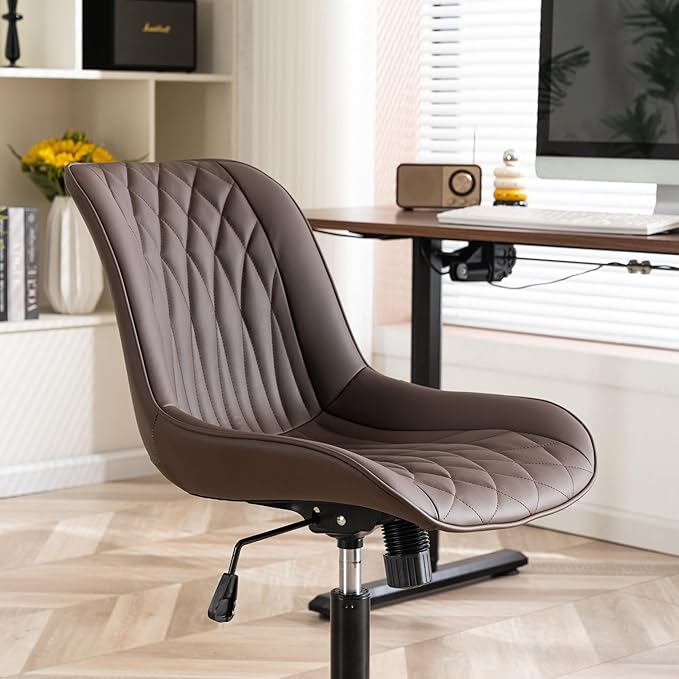 YOUNIKE Desk Chair with Wheels Armless Office Chair Swivel Rolling Task Chair with Back Upholstered Faux Leather Computer Chair Height Adjustable Modern Ergonomic Seat, Loads 300 lbs, Brown - LeafyLoom