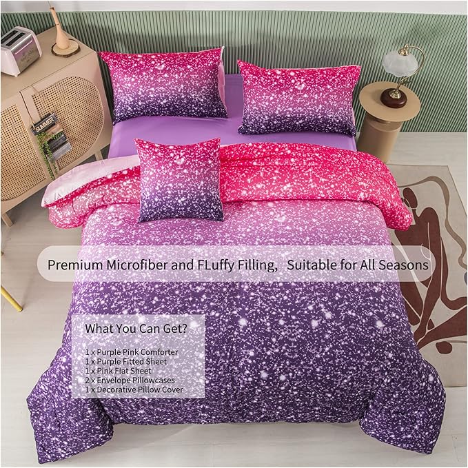 RYNGHIPY 6Pcs Twin Gradient Pink Purple Glitter Comforter Sets for Teens Girls Kids, Colorful Rainbow Glitter Themed Bedding Set - LeafyLoom