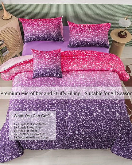 RYNGHIPY 6Pcs Full Gradient Pink Purple Glitter Comforter Sets for Teens Girls Kids, Colorful Rainbow Glitter Themed Bedding Set - LeafyLoom