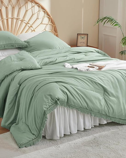 Litanika Sage Green Comforter Queen Set, Boho Tassel Comforter Aesthetic 3 Pieces, Lightweight Fringe Microfiber Bedding Set for All Season(1 Comforter 90x90 inch, 2 Pillowcases) - LeafyLoom