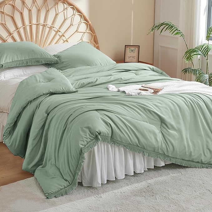 Litanika Sage Green Comforter Queen Set, Boho Tassel Comforter Aesthetic 3 Pieces, Lightweight Fringe Microfiber Bedding Set for All Season(1 Comforter 90x90 inch, 2 Pillowcases) - LeafyLoom