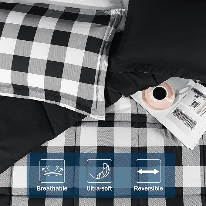 downluxe Lightweight Plaid Comforter Set (King) with 2 Pillow Shams - 3-Piece Set - Black/White Plaid - Down Alternative Reversible Comforter - LeafyLoom