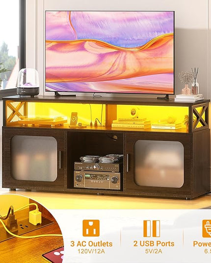 Aheaplus TV Stand for 55 60 Inch TV, Entertainment Center with LED Light and Charging Station, TV Console Table, Large Media Console Cabinet w/Soundbar Shelf, for Living Room, Bedroom, Espresso - LeafyLoom