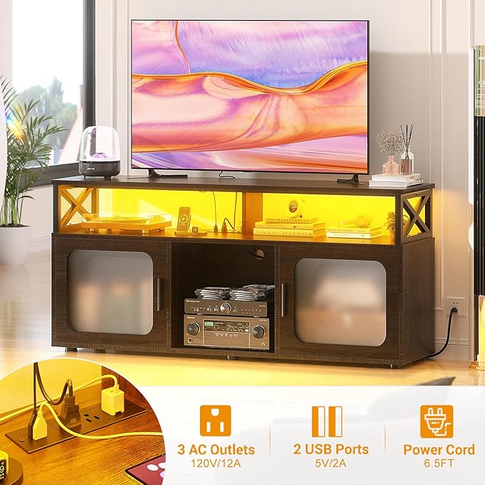 Aheaplus TV Stand for 55 60 Inch TV, Entertainment Center with LED Light and Charging Station, TV Console Table, Large Media Console Cabinet w/Soundbar Shelf, for Living Room, Bedroom, Espresso - LeafyLoom