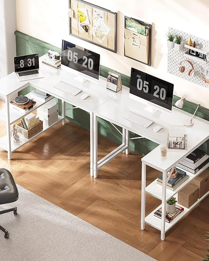 L Shaped Desk, 39 Inches Computer Desk with Reversible Storage Shelves, Gaming Desk, Corner Desk Home Office Desks, Writing Desk Study Desk with Metal Frame, White - LeafyLoom