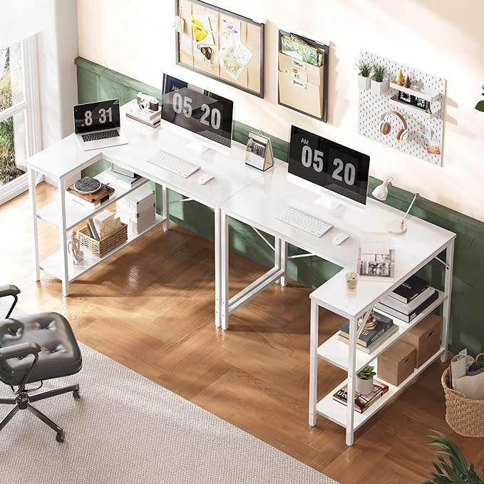 L Shaped Desk, 39 Inches Computer Desk with Reversible Storage Shelves, Gaming Desk, Corner Desk Home Office Desks, Writing Desk Study Desk with Metal Frame, White - LeafyLoom