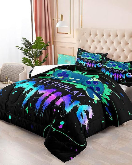 Game Comforter Set Video Gaming Bedding Sets Gamer Room Decor Queen Size Colorful Black Gamepad Soft Game Bedding Set for Boys Teen 1 Comforter and 2 Pillowcases - LeafyLoom