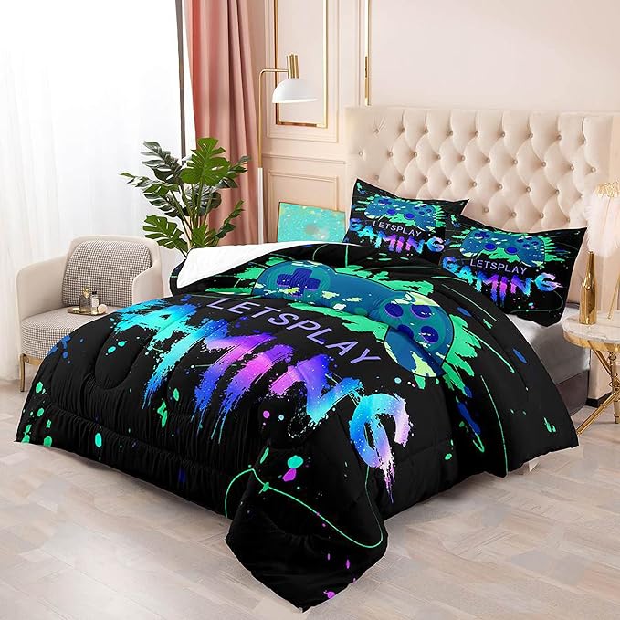 Game Comforter Set Video Gaming Bedding Sets Gamer Room Decor Queen Size Colorful Black Gamepad Soft Game Bedding Set for Boys Teen 1 Comforter and 2 Pillowcases - LeafyLoom