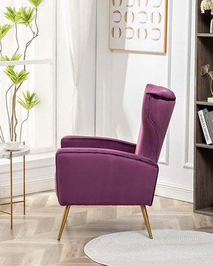 Armchair Modern Velvet Accent Chair, Channel Tufted Bedroom, Office or Living Room Furniture with Elegant Metal Legs, Purple - LeafyLoom