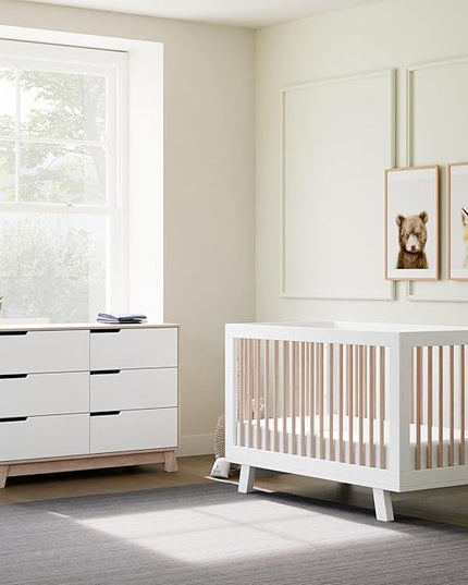 Babyletto Hudson 3-in-1 Convertible Crib with Toddler Bed Conversion Kit in White and Washed Natural, Greenguard Gold Certified - LeafyLoom
