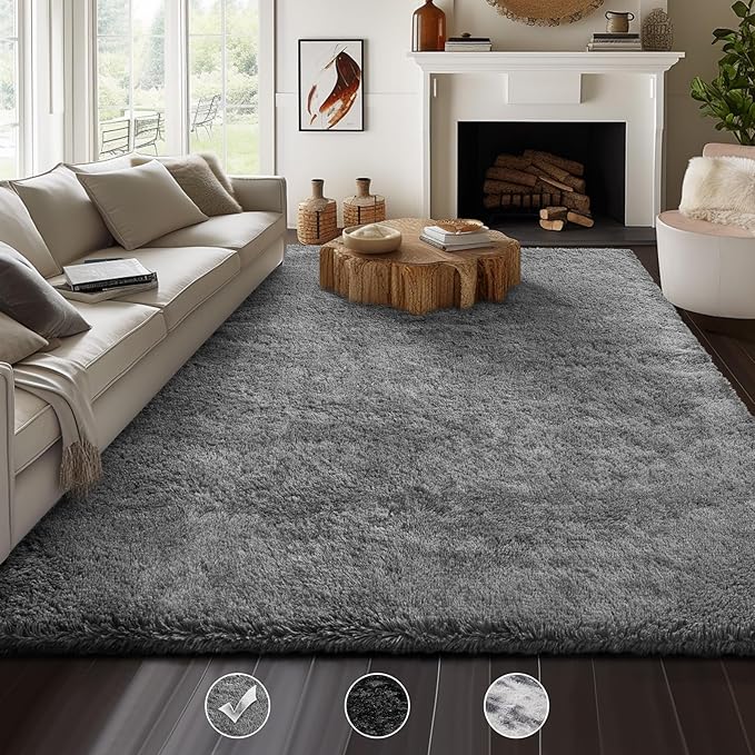 Ophanie Machine Washable Upgrade 8x10 Rugs for Living Room, Grey, Fluffy Shaggy Soft Area Rug, Gray Non-Slip Indoor Floor Carpet for Bedroom, Kids Baby Boys Teen Dorm Home Decor Aesthetic, Nursery - LeafyLoom