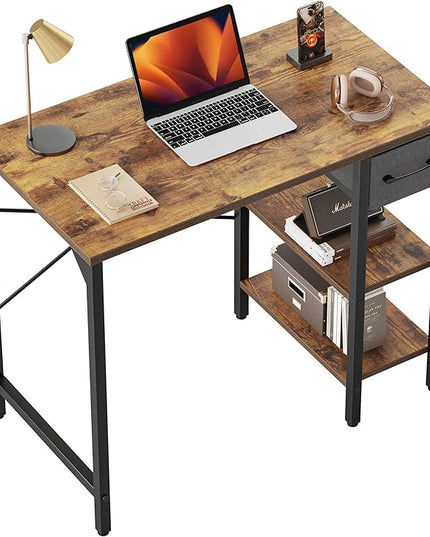 CubiCubi Computer Desk, 35 Inch Small Home Office Desk with Drawer Storage Shelves for Small Space, Writing Study Desk, Rustic Brown - LeafyLoom