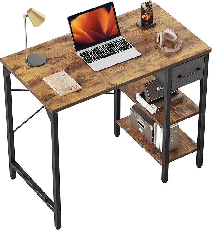 CubiCubi Computer Desk, 35 Inch Small Home Office Desk with Drawer Storage Shelves for Small Space, Writing Study Desk, Rustic Brown - LeafyLoom
