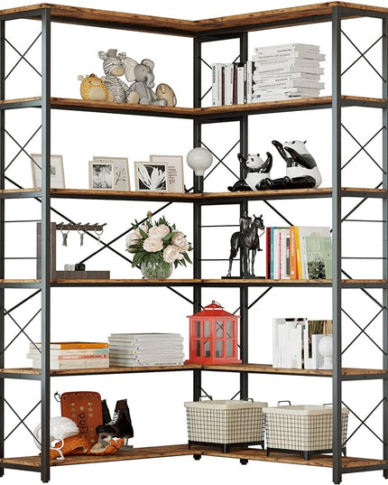 IRONCK 6-Shelf Corner Bookcase, Vintage Industrial Corner Bookshelf Etagere Bookcase, 6 Tier Corner Shelf Storage Rack with Metal Frame for Living Room Home Office - LeafyLoom