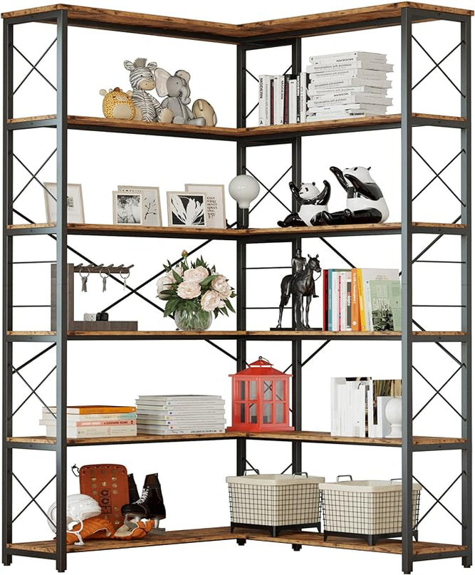 IRONCK 6-Shelf Corner Bookcase, Vintage Industrial Corner Bookshelf Etagere Bookcase, 6 Tier Corner Shelf Storage Rack with Metal Frame for Living Room Home Office - LeafyLoom