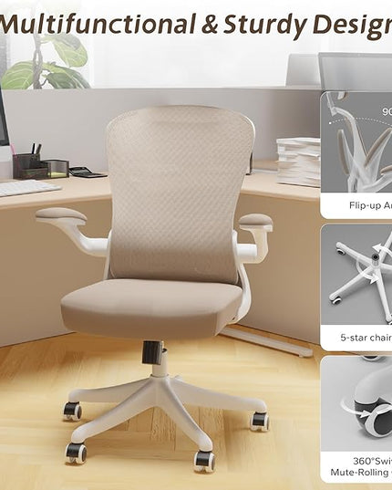 Mid Back Ergonomic Chair For Computer Home Desk with Flip-Armrest & Cushion for Lumbar Support, Thickened Cushion Desk Chairs Khaki - LeafyLoom