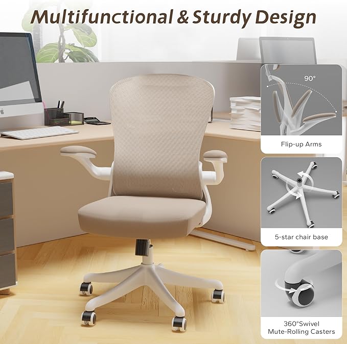 Mid Back Ergonomic Chair For Computer Home Desk with Flip-Armrest & Cushion for Lumbar Support, Thickened Cushion Desk Chairs Khaki - LeafyLoom