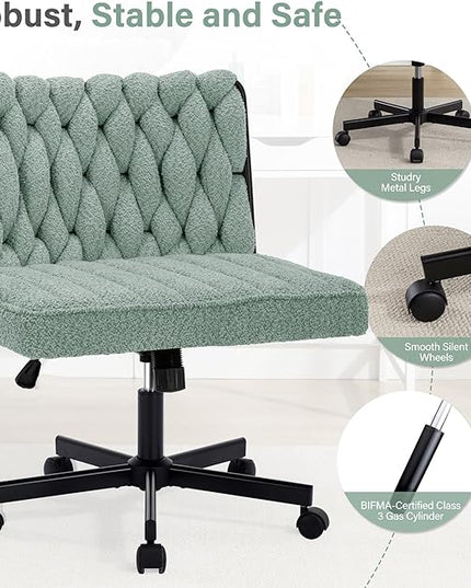 Criss Cross Legged Office Desk Chair with Wheels, Modern Armless Desk Chair with Wide Seat, Home Office Chair for Work, Meditation, Vanity, Green - LeafyLoom