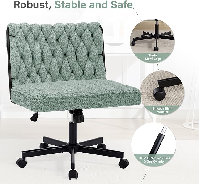 Criss Cross Legged Office Desk Chair with Wheels, Modern Armless Desk Chair with Wide Seat, Home Office Chair for Work, Meditation, Vanity, Green - LeafyLoom