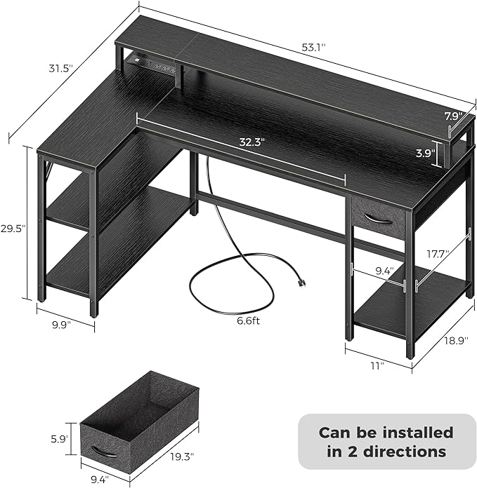 SUPERJARE 53 inch Reversible L Shaped Desk with LED Lights & Power Outlets, Computer Desk with Shelves & Monitor Stand, Gaming Desk with Drawer, Home Office Desk Corner Desk, Black - LeafyLoom