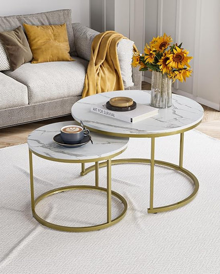 White Nesting Coffee Table Set of 2, 27.6" Round Coffee Table Wooden Marble Pattern with Adjustable Non-Slip Feet, Industrial End Table for Living Room Bedroom Balcony - LeafyLoom