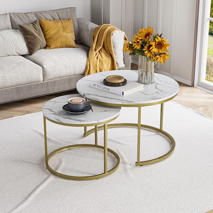 White Nesting Coffee Table Set of 2, 27.6" Round Coffee Table Wooden Marble Pattern with Adjustable Non-Slip Feet, Industrial End Table for Living Room Bedroom Balcony - LeafyLoom