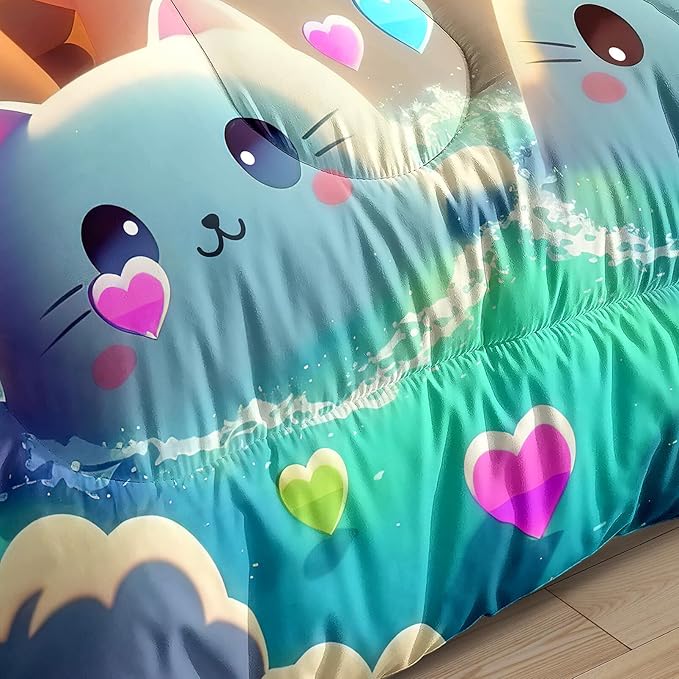 Queen Cat Comforter Set, Girls Kawaii Cat Bedding Sets, 1 Comforter+2 Pillowcases, Microfiber, Printed, Modern Style, 3 Pieces - LeafyLoom