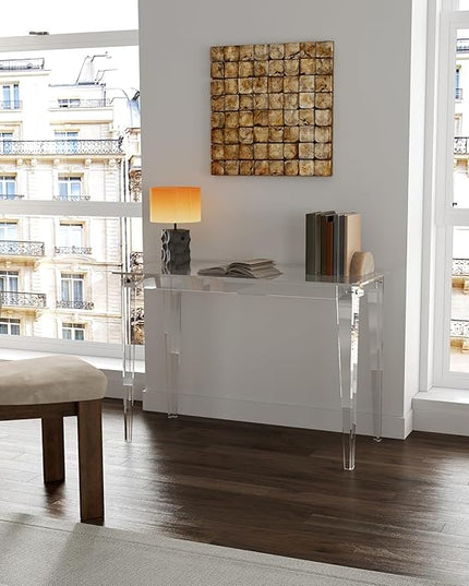 HMYHUM Acrylic Computer Desk, 43.3 Inch, Clear Study Desk for Home Office, Writing, Vanity, Modern, Easy Assembly, 19.7" W x 29.5" H, Right-Angle Legs Design - LeafyLoom