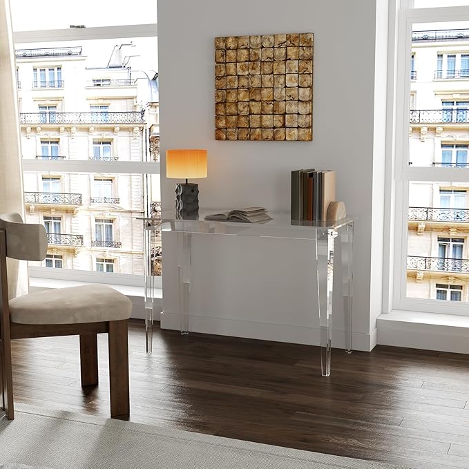 HMYHUM Acrylic Computer Desk, 43.3 Inch, Clear Study Desk for Home Office, Writing, Vanity, Modern, Easy Assembly, 19.7" W x 29.5" H, Right-Angle Legs Design - LeafyLoom