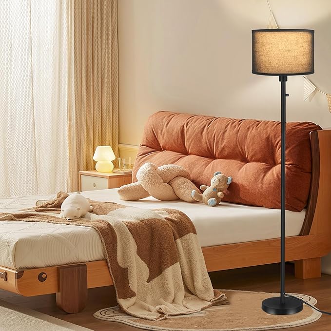 Floor Lamps for Living Room, Stepless Dimmable Standing Lamp, Modern Floor Lamp with Rotary Switch, Black Linen Shade, 9W Led Bulb Included(1000LM,2700K), Tall Lamp for Bedroom, Office, Farmhouse - LeafyLoom