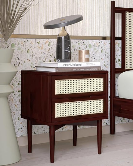 Bme Nightstand Oliver Solid Wood Rattan Side End Table, Fully Assembled, for Bohemian & Mid Century Style Bedroom and Living Room, Walnut - LeafyLoom