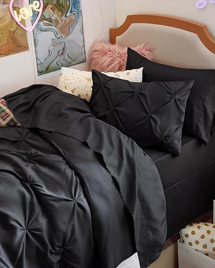 Bedsure Black Twin Comforter Set with Sheets - 5 Pieces Twin Bedding Sets, Pinch Pleat Twin Bed in a Bag with Comforter, Sheets, Pillowcase & Sham - LeafyLoom