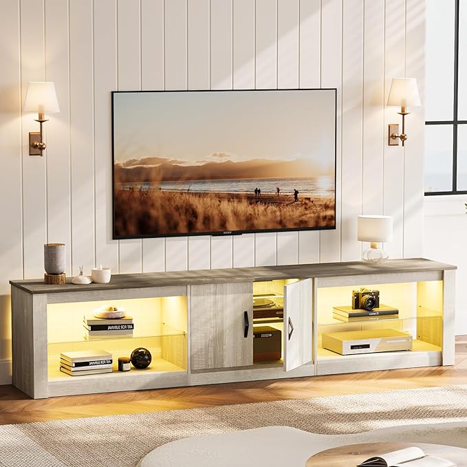 Bestier 80 Inch TV Stand for Large TVs 55/65/75/85/ inch, LED Entertainment Center with Two Cabinets, Adjustable Glass Shelves ＆ Cable Management, Gaming Tv Console for Living Room, Wash White - LeafyLoom